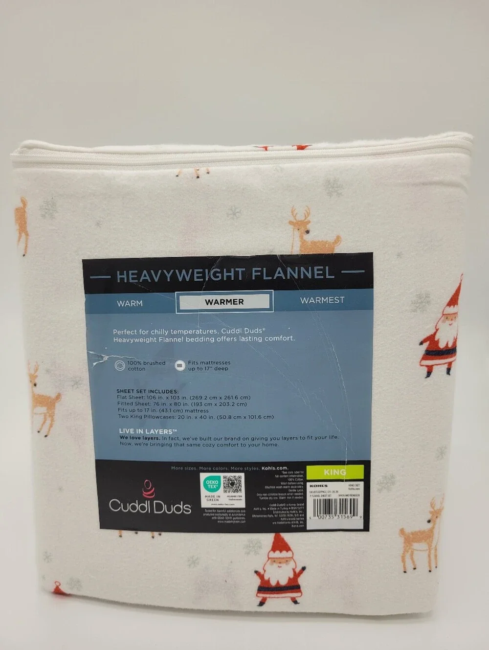 Cuddl Duds Heavyweight Flannel Sheet Set Reindeer Santa Print KING Size NEW